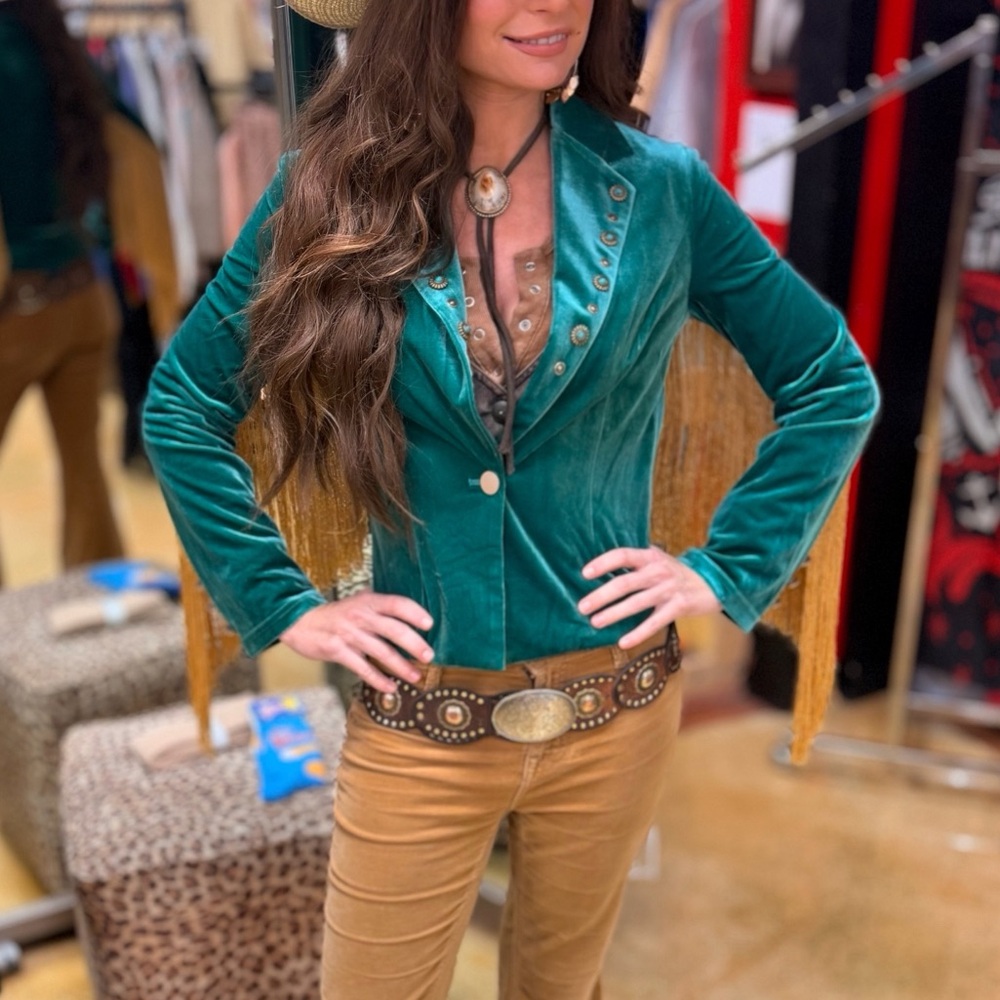 Green Velvet Fringe Turquoise Jacket